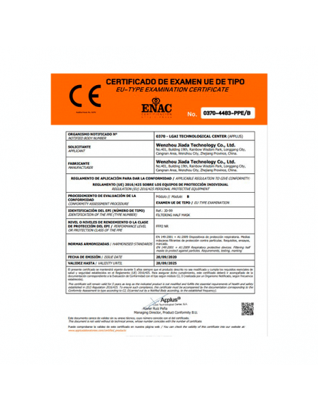 JIADA MASCARILLA FFP2 CERTIFICADA COLOR BLANCO 20 UNIDADES