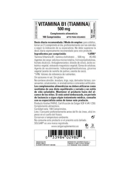 SOLGAR VITAMINA B1 500 MG 100 COMPRIMIDOS